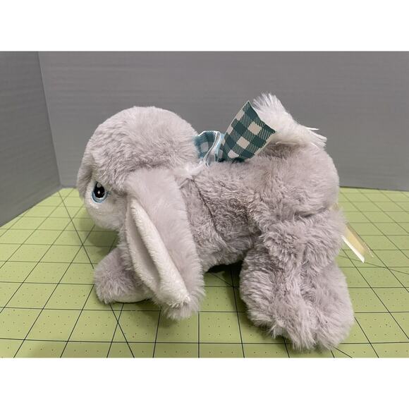 Walmart Small 8” Bunny Rabbit Gray Floppy Laying Gingham Bow Embroidered Eyes - Picture 3 of 9